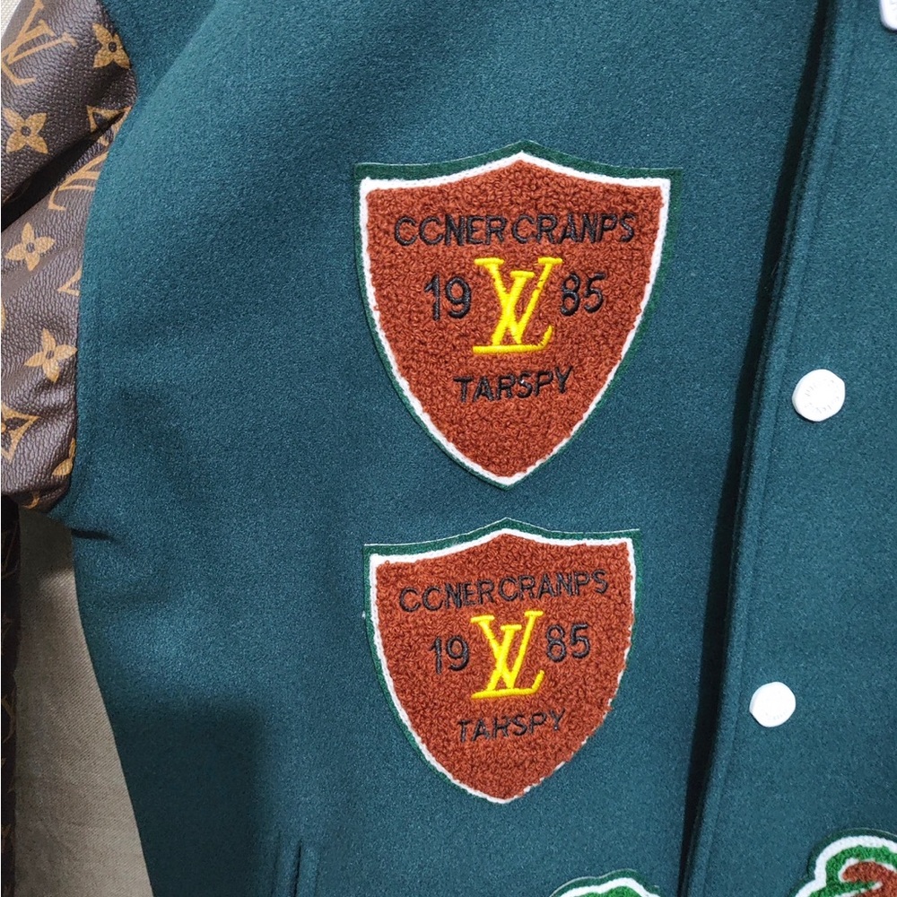 Louis Vuitton-Inspired Green Varsity Jacket with Brown Monogram Sleeves - Picture 6 of 11